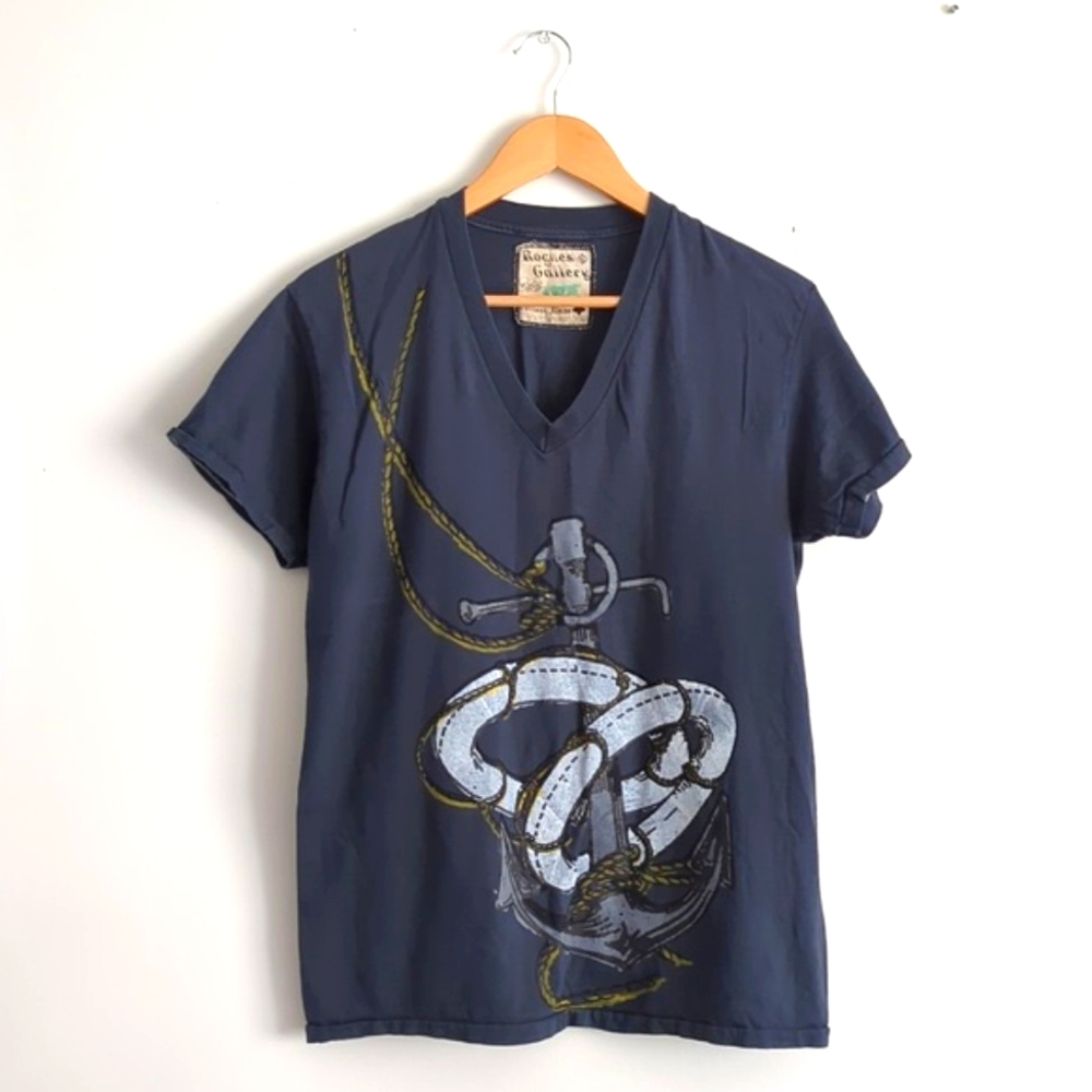 Vintage Rogues Gallery V-neck T-shirt: Ship's Anchor on Dark Blue. USA
